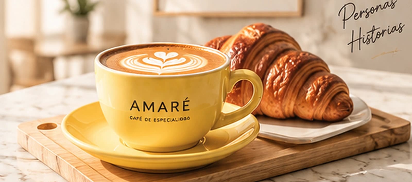 Latte en taza amarilla AMARÉ junto a un croissant sobre una tabla de madera