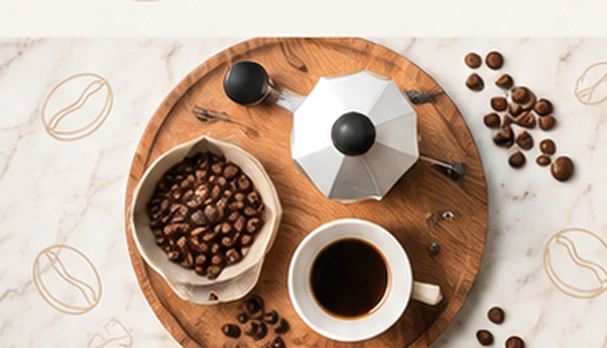 Tabla de madera con granos de café, moka, taza de café negro y granos esparcidos sobre mármol