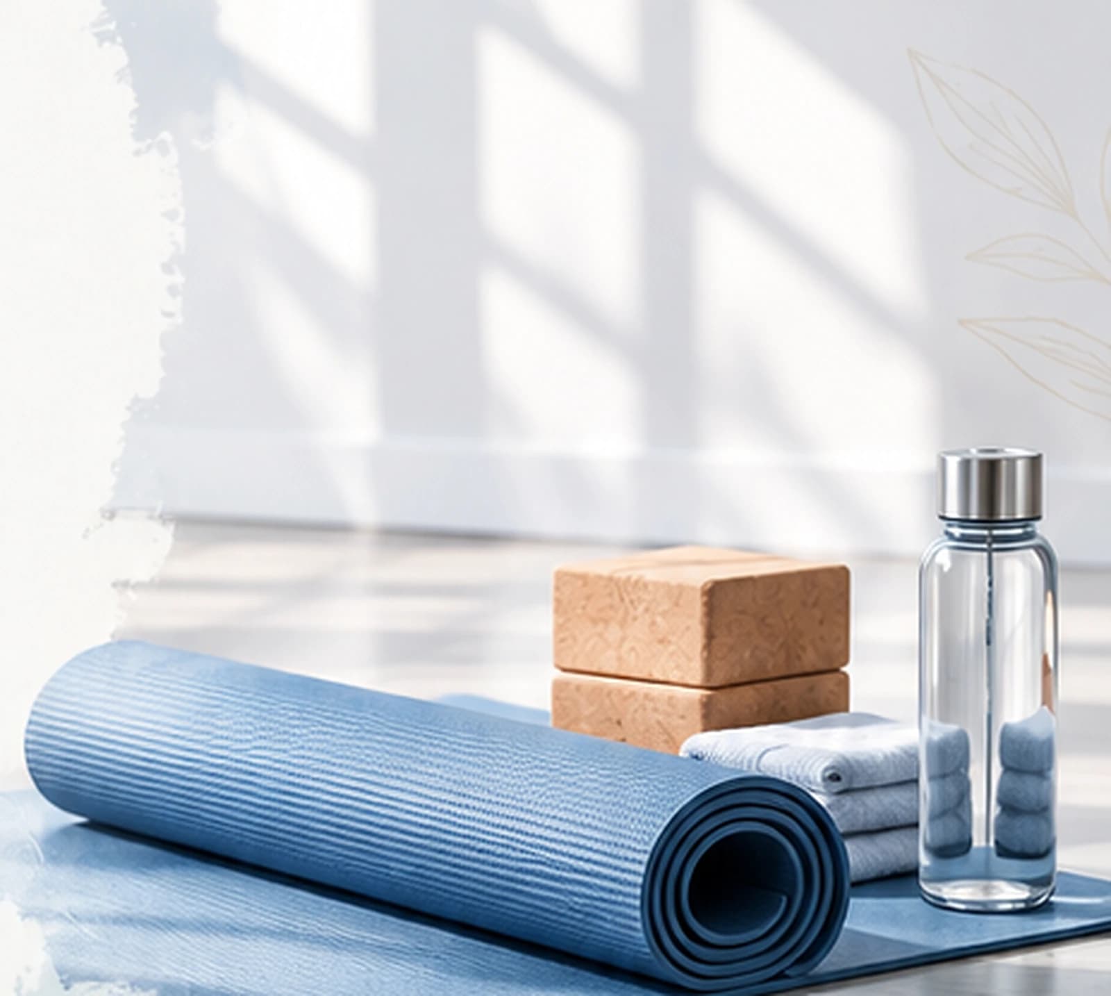 Esterilla de yoga azul enrollada con bloques de corcho, toallas y una botella de agua junto a una ventana luminosa