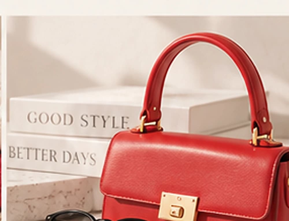 Bolso rojo, gafas de sol y anillos dorados sobre libros