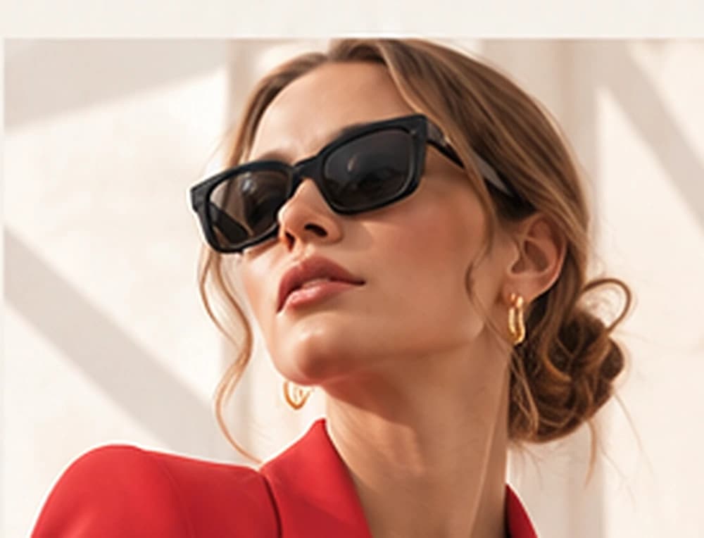 Mujer con gafas de sol y blazer rojo