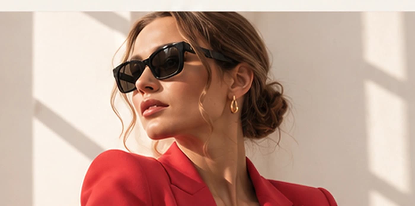 Retrato de mujer con gafas de sol y blazer rojo a la luz de la tarde