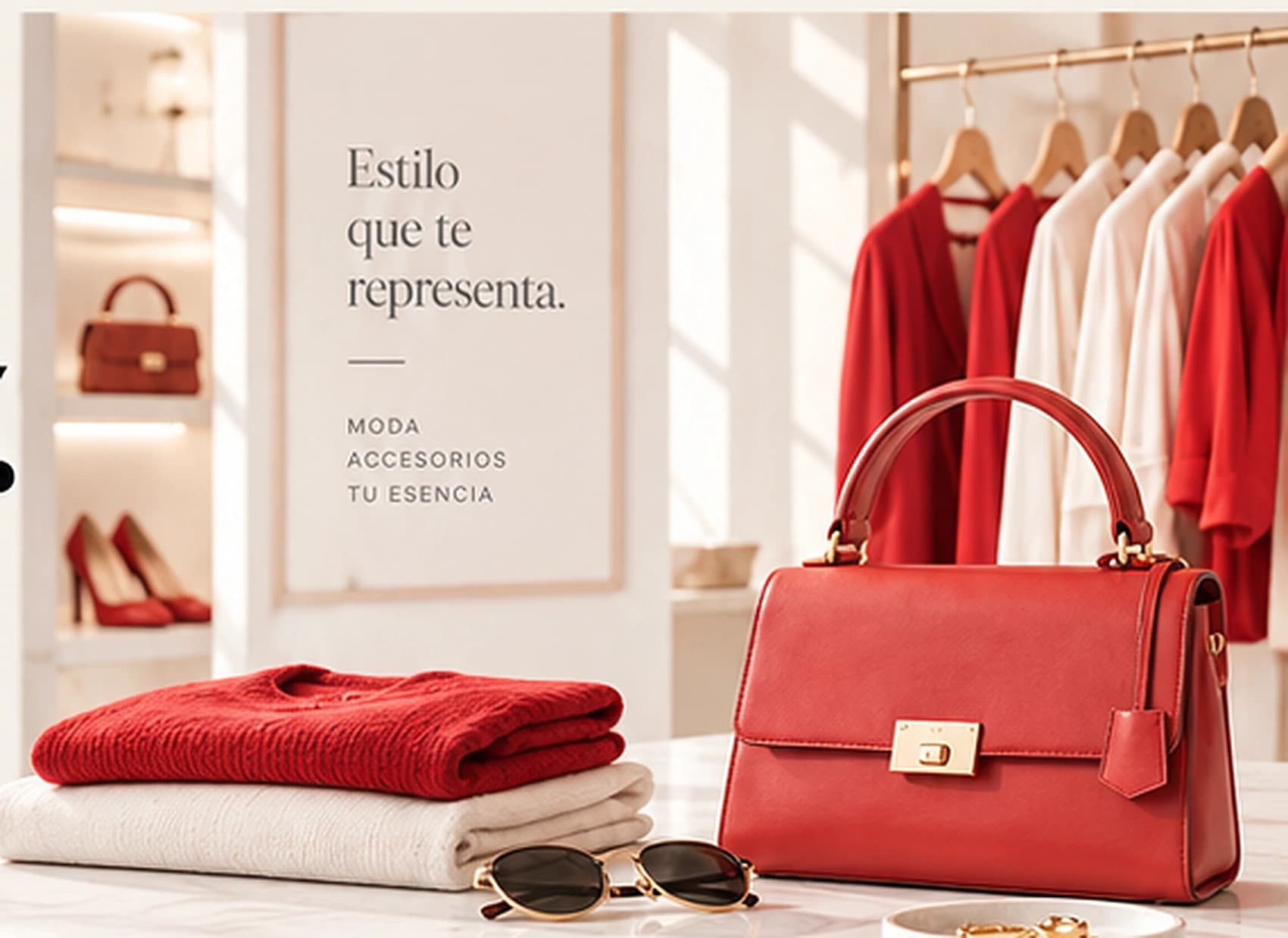 Boutique luminosa con un bolso rojo, suéteres doblados, gafas de sol y una barra de ropa roja y blanca