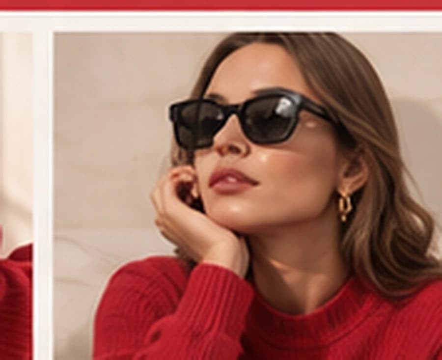 Mujer con gafas de sol y suéter rojo apoyando la mano en la mejilla