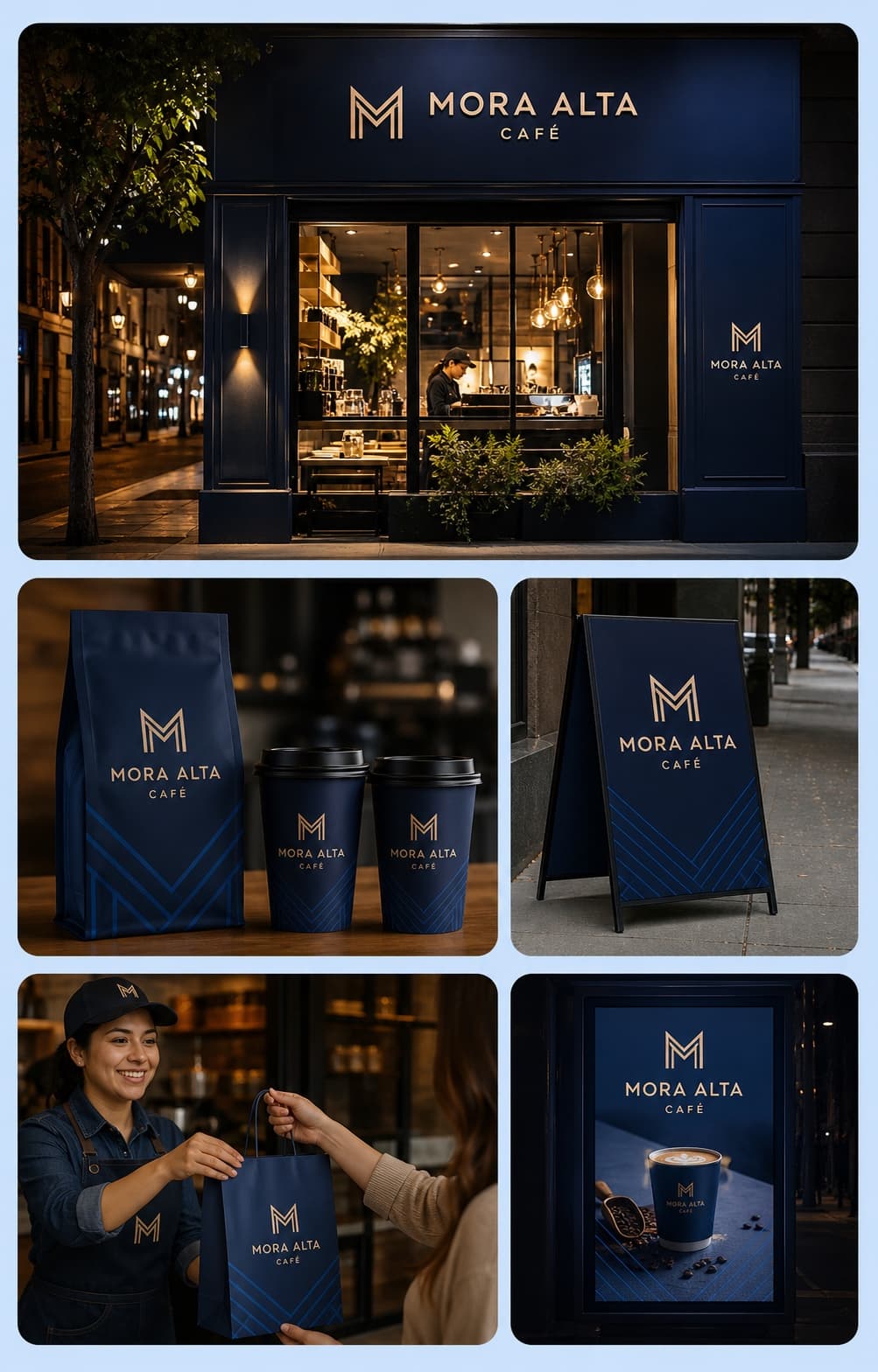 Sistema de identidad visual de la cafetería conceptual Mora Alta
